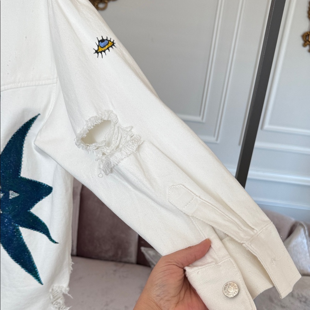 Eye See You Handmade Hand-Painted White Jeans Jacket – Made in Greece - Picture 4 of 17